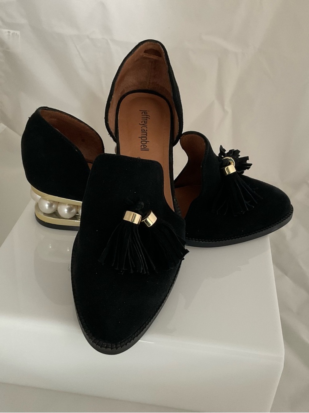 Jeffrey Campbell Black Suede Tassel Loafers with Pearl-Embellished Heel - Picture 2 of 6
